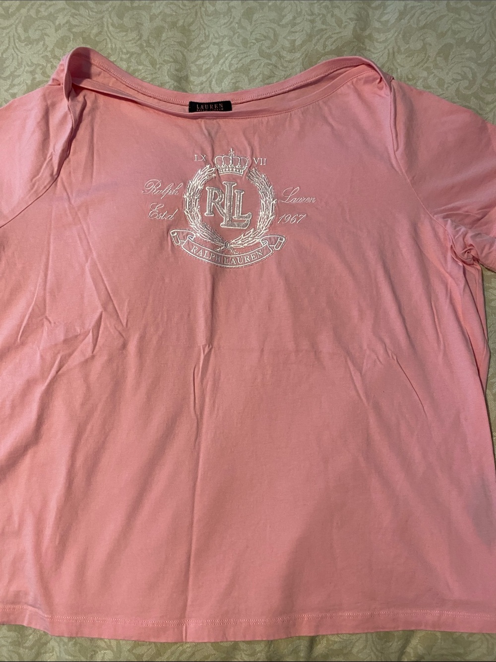 Ralph Lauren Pink Boatneck Tee with White Embroidered RLL Crest Sz 3X BEAUTIFUL!